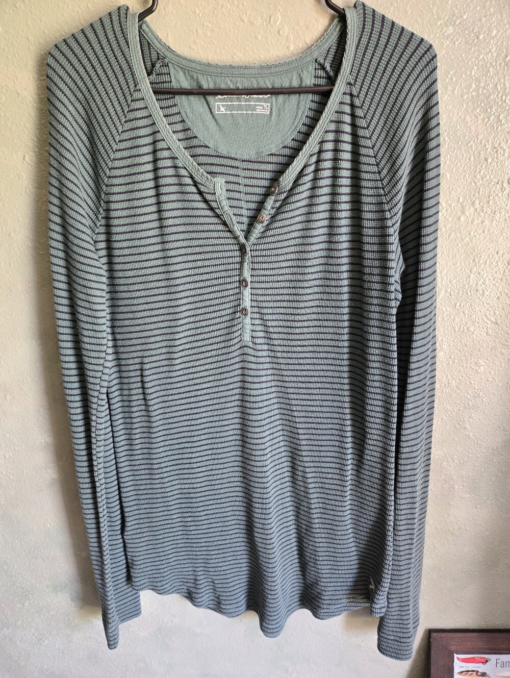 Eddie Bauer - Long Sleeve - Waffle Knit Henley Striped Green - Women's Size TXL